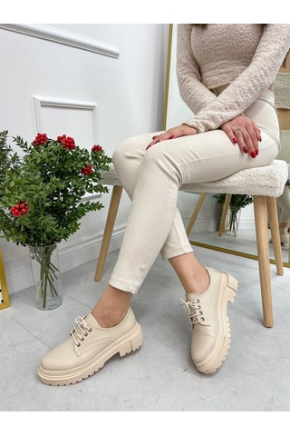 Erva'nın Butiği Bej Cilt College Kadın Bağcıklı Loafer-4094