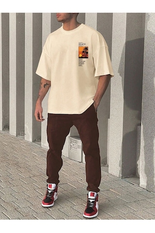 Beach T-shirt Eşofman Altı Jogger - Bej Kahverengi Baskılı Eşofman Takımı Oversize Bisiklet Yaka Bej Kahverengi