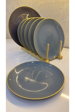Gold Kenarlı Gri Seramik Pasta Tabağı 7 Lı Set Modern Sofra Sunum Tabakları 21 Cm Çok Renkli