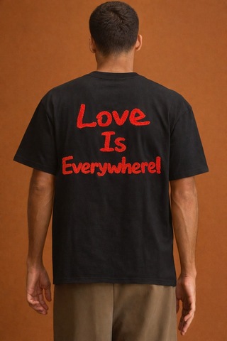 Cool Tarz Erkek Oversize Tişört "love Is Everywhere" Baskılı Basic Pamuklu T-shirt Siyah Siyah