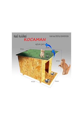 Çelik Mama Kabı + Kedi Kulübesi Açılır Çatılı Büyük Ahşap Kedi Evi 81 x 46 x 60 CM
