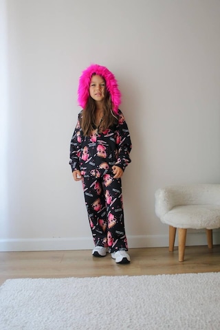 Kız Çocuk Peluş Kapüşonlu Alt Üst Sportif Eşofman Takımı Fermuar Kapamalı Pembe