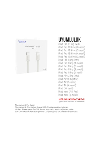 Apple Uyumlu iPad Pro 11 İnç 1.2.3.4.nesil Tablet Şarj Kablosu Type-c Thunderbolt 4 60w