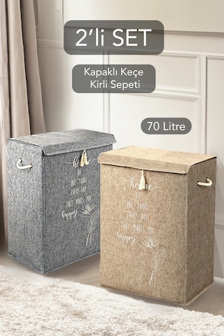 Meleni Home 2'li Set Keçe Kapaklı Kirli Çamaşır Sepeti - Çok Amaçlı Saklama Kutusu Mega Hurç 55 X 41 X 30 Cm Diğer