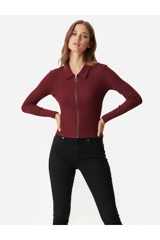 Koton Fermuarlı Slim Fit Gömlek Yaka Kaşkorse Uzun Kollu Tişört Bordo 6wal10120ık Bordo