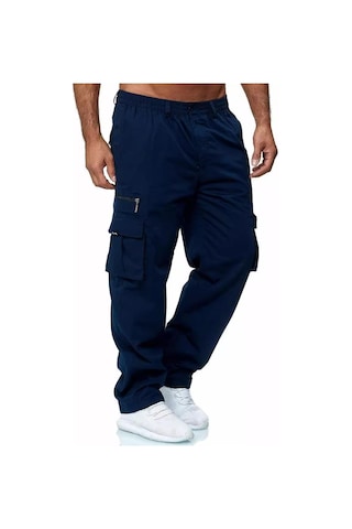 Erkek İlkbahar Ve Sonbahar Düz Paça Düz Renk Kargo Pantolon Günlük Çok Cepli Uzun Pantolon Bol Kesim Açık Hava Fitness Pantolonu Kot Mavisi