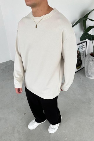 Bej Premium Basic Uzun Kollu Relaxed Tişört Bej