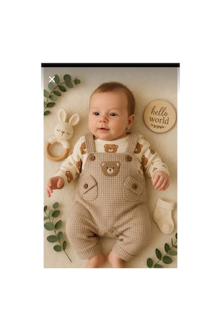 Uğur Bebe Ayı Desenli Erkek Bebek Tulum 3 Lü Tulum Seti Zıbın Tulum Çorap 3-6-9 Ay Bebek Kıyafeti Bej Renk Bej Bej