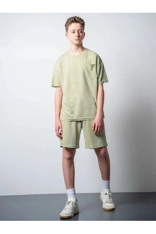 Erkek Çocuk Palmiye Desenli T-shirt Şortlu Takım-15796 Yeşil
