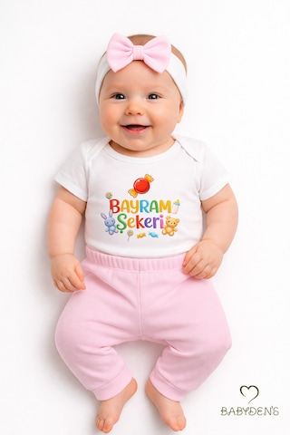 Babyden's Kız Bebek Bayramlık 3'lü Takım Bayram Şekeri Baskılı Body Pantolon Fiyonk Saç Bandı Kombini Pembe