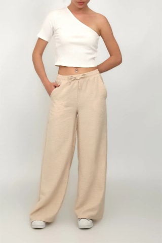 Kadın Beli Lastikli Geniş Paça Keten Pantolon Bej