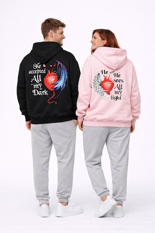 Sevgili Kombini Melek Şeytan Kalp Baskılı Oversize Hoodie Seti Ka Siyah