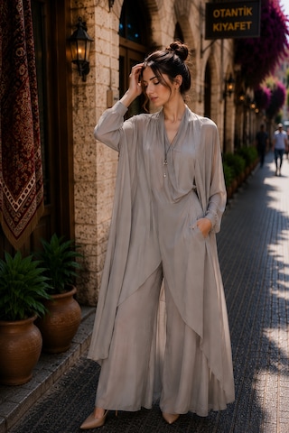 Bohem Stil Italyan Ipek Detaylı Oversize Kap Bluz- Wes Pantolon Takım Koyu Vizon