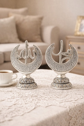 Taş İşlemeli Gümüş Biblo Allah & Muhammed S.a.v Hilal Taşlı Figürlü Masa Üstü Biblo 2 Li Set 20 Cm Gri