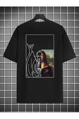 Altamira Unisex Siyah Monalisa Baskılı Oversize T-shirt 001
