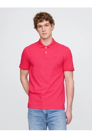 Logo Piqué Polo Yaka Erkek T-shirt Fuşya-7587 Fuşya