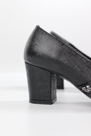 De Scarıo 642 Kadın Simli Detaylı Sivri Burun Kalın Topuklu Ayakkabı Siyah