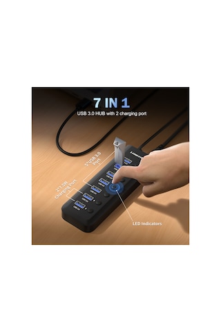 Lemorele Tc111 7 Port Usb 3.0 Hub Çoklayıcı - Açma Kapama Anahtarlı 5x Veri + 2x Şarj İstasyonu Led Göstergeli Usb Çoğaltıcı Adaptör Laptop Masaüstü Pc
