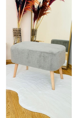 Ahşap Ayaklı Teddy Kumaş Dikdörtgen Dekoratif Puf Bench Gri