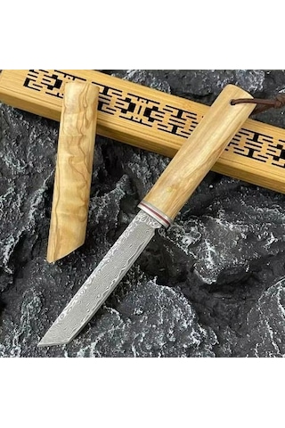 Damascus Kamp Tanto Japon Edc Zeytin Ağacı Sap Kahverengi