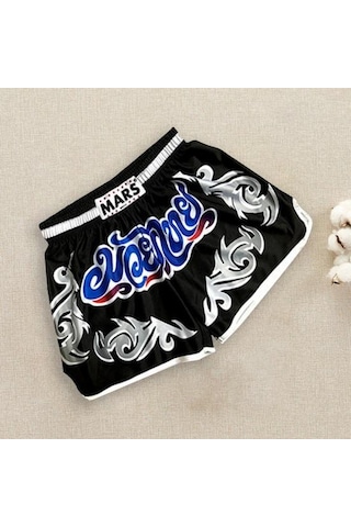 Siyah Unisex Muay Thai Şort Buz Ipek Baskılı Nakış Elastik Bel Boks Mücadele Kickboks Grappling Eğitim Egzersiz Spor Şort Siyah