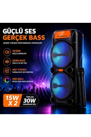 Büyük Boy Rgb Işıklı Hoparlör, 2x15w Güçlü Bass, Kablosuz Mikrofonlu, 360 Stereo Ses, Bluetooth Tws, Usb Aux