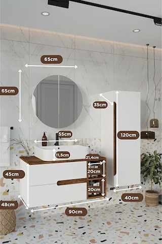 Koza Beyaz 90 Cm %100 Mdf Banyo Dolabı Ayna Lavabo Boy Dolabı Beyaz