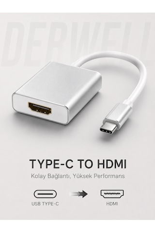 Type-c To Hdmı Görüntü Ses Aktarıcı Dönüştürücü Adaptör Telefon Tablet Laptop Televizyon Monitör Uyumlu Ekran Yansıtma Kablosu Yüksek Kolay Bağlantı Sunan Metal Gri Çevirici Aparat