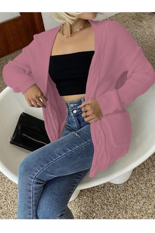Aqe Fashion Örgü Şeritli Rahat Kalıp Esnek Cepli Kadın Pudra Triko Hırka Pudra