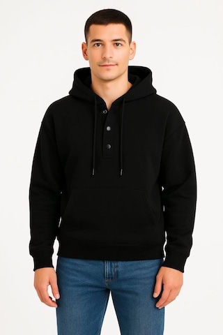 Mbb E-ticaret Erkek Kapüşonlu Hoodie Cepli Çıtçıtlı 3 İplik Pamuklu Sweatshirt - Siyah