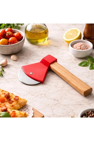 Delux Serisi Pizza Kesici - Balta Tasarımlı - Ahşap Saplı - Paslanmaz Çelik Bıçaklı Arkadaşa Sürpriz Çok Renkli