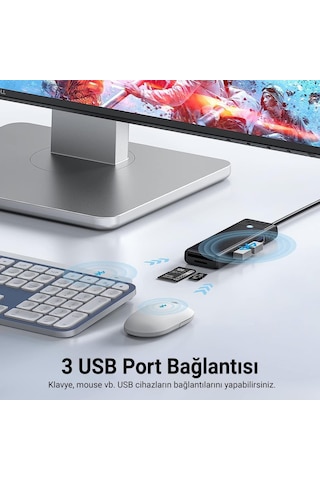Orico PAPW3AT-U3-015-BK USB 3.0 to 3.0 TF SD Kart Okuyucu 3 Portlu USB 3.0 Çoklayıcı Adaptör Siyah