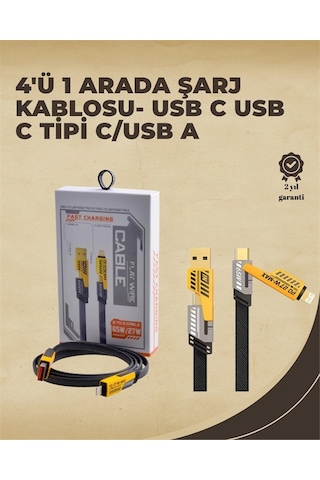 Mey İthalat 4'ü 1 Arada Metal Hızlı Veri Kablosu 65w Güç, 27w İphone Desteği, 480mbps Aktarım