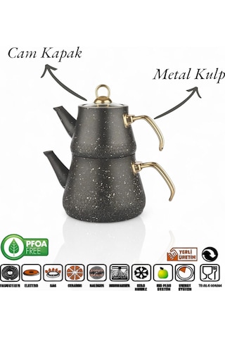 Enashop Granit Kaplama Gold Kulplu Cam Kapak Çaydanlık Siyah Siyah