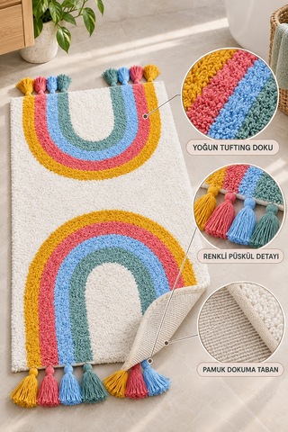 Alanur Bodrum Tufting Gökkuşaği Cotton Pamuklu El Işi Örgülü 2 Li Paspas Set Renkli