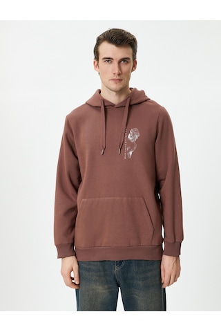 Koton Arkası Baskılı Hoodie Sloganlı Kanguru Cepli Kahverengi 4wam70256mk Kahverengi