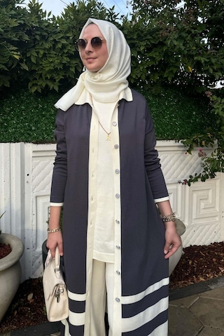 İmge Çizgili Triko Hırka Antrasit Çok Renkli