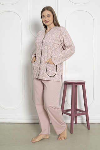 %100 Pamuklu Uzun Kollu Boydan Düğmeli Büyük Beden Kadın Pijama Takımı 206 Pudra