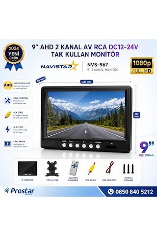 9 İnç Şapkalı 2 Kanal Ahd Rca Sarı Soketli Araç Monitörü 1080p 720p Analog Destekli Dc 12-24v