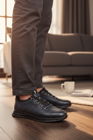 Enoch Hakiki Deri Lastikli Bilekli Erkek Sneaker Ayakkabı Ortopedik Taban Lacivert