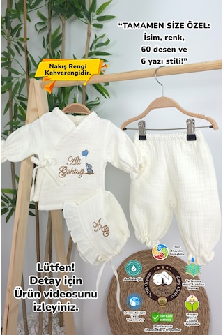 Gros Shop Müslin Yeni Doğan 4katlı Organik %100pamuk Kişiye Özgü Nakışlı Hastane Çıkış Seti-kahverengi-filli Ekru