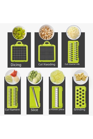 Teltree Ev Mutfak Çok İşlevli Dilimleyici: Kırma-şerit-parçala Aleti, 7 Bıçaklı Yeşil-gri, Yumurta Akı Ayırıcı Hediye İngilizce Paket 7 Bıçaqlı Gri Yeşil Dilimli