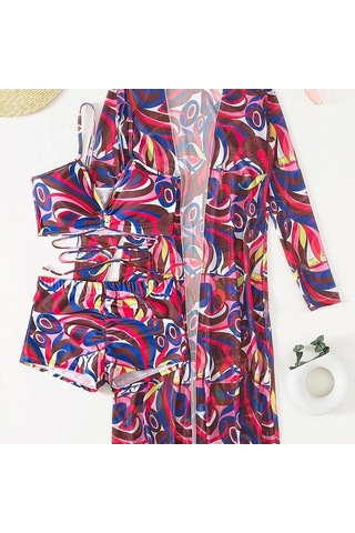 Kadın Mayo Yüksek Bel Bikini Seti Üç Adet Kadın Uzun Kollu Cover Up Mayo Plaj Mayo Sarı