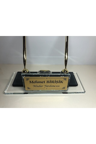 Cam Masa İsimliği Çift Kalem Saat