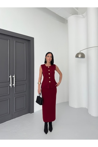Kadın Düğme Detaylı Yelek Uzun Etek Alt Üst Triko Takım Bordo