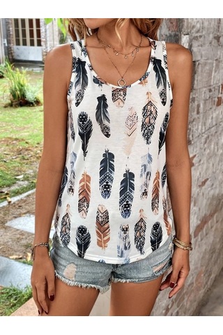 Kadın Sıfır Kollu V Yakalı Yaprak Desenli Süprem Bluz Desenli