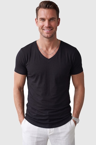 Deepsea Siyah Erkek Slim Fit Derin V Yaka Basic Tişört %90 Pamuk Likralı Asimetrik Kesim 2602265