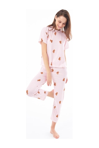 Premium Kadın Pijama Takımı Krem Ayıcık Desenli Yumuşak Dokulu Kısa Kollu Bisiklet Yaka Pembe