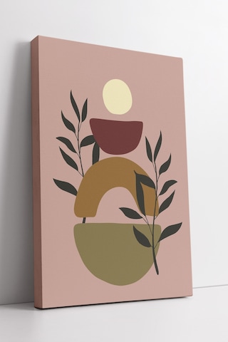 Soyut Geometrik Ve Bitki Desenli Kanvas Tablo Boho Stil Pembe Ve Toprak Tonlarında Duvar Dekoru