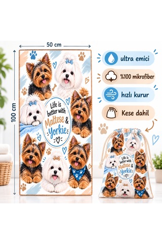 Kedi & Köpek Kurulama Havluları Maltese & Yorkie Hızlı Kuruyan 50x100cm